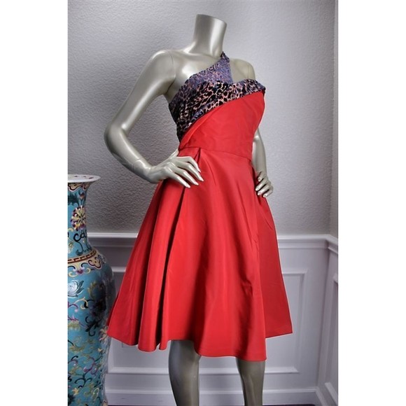 $2640 New CAROLINA HERRERA Red Silk Taffeta Leopard Cocktail Dress 8